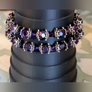 Purple Metallic AB Rhinestone Silvertone Beaded Memory Coil Bracelet